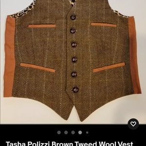 Tasha Polizzi Brown Tweed Wool Vest Country Cowgirl Leopard Lined  Size Medium